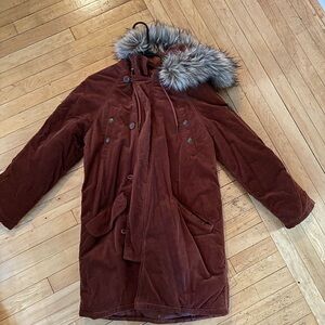 Brown corduroy parka with fur hood. Never worn